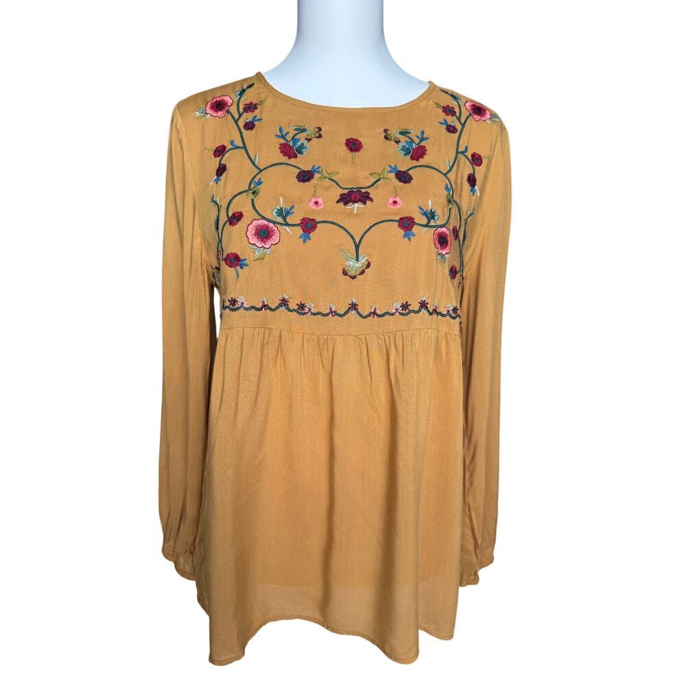 Jodifl Mustard Yellow Floral Embroidered Babydoll Tunic Top Small Boho NWT
